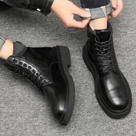 Fall Men's Round Toe Fashion Casual Mens Leather Boots Trend Front Lace-Up Wear-Resistant Low-Heel Martin Boots