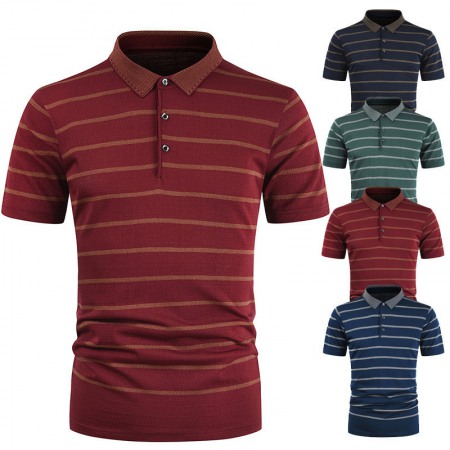 New Summer Men's Striped T-Shirt Men's Lapel Mens Casual Short Sleeves