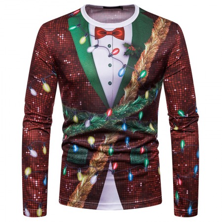 New 3D Personality Fake Two-Piece Printing Fashion Men's Christmas Holiday Long-Sleeved T-Shirt