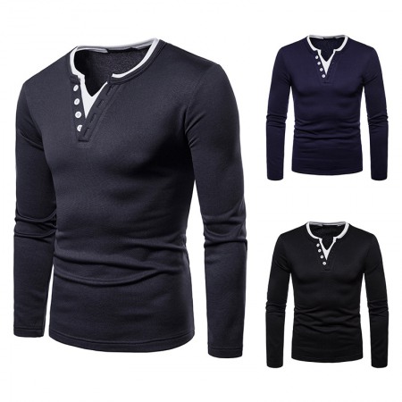 Men's Plus Size Plus Velvet Warm Henley Collar Long-Sleeved T-Shirt Bottoming Shirt