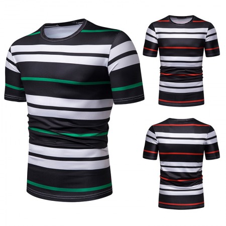 New Summer Men's Short-Sleeved T-Shirt Mens Contrast Striped Slim Casual T-Shirt