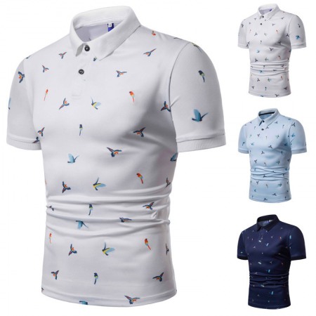 New Men's Tops Trendy Bird Print Short-Sleeved Lapel T-Shirt Lapel Elastic