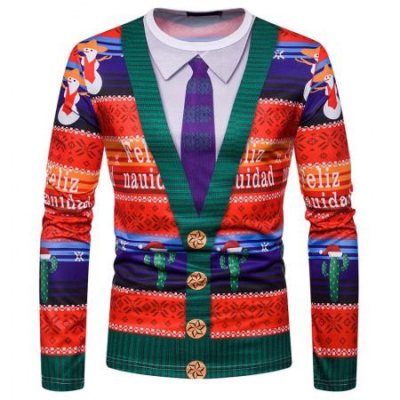 New 3D Personality Fake Two-Piece Printing Fashion Men's Christmas Long-Sleeved T-Shirt