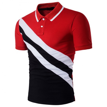 New Men's Wind Diagonal Stripes Stitching Lapel Short Sleeve Large Size T-Shirt