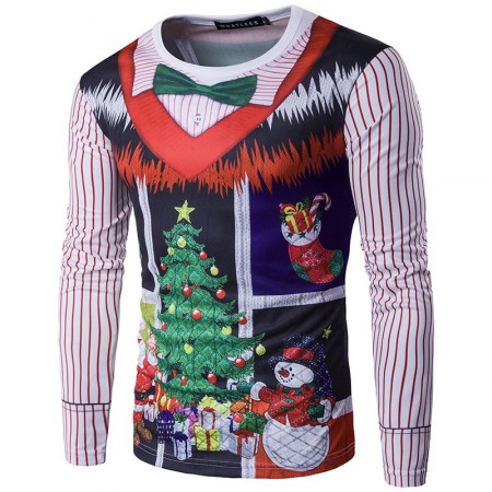 Hot Sale New Men's Personality Christmas Tree Letter Printing Round Neck Fake Two Pieces Of 3D Long-Sleeved T-Shirt